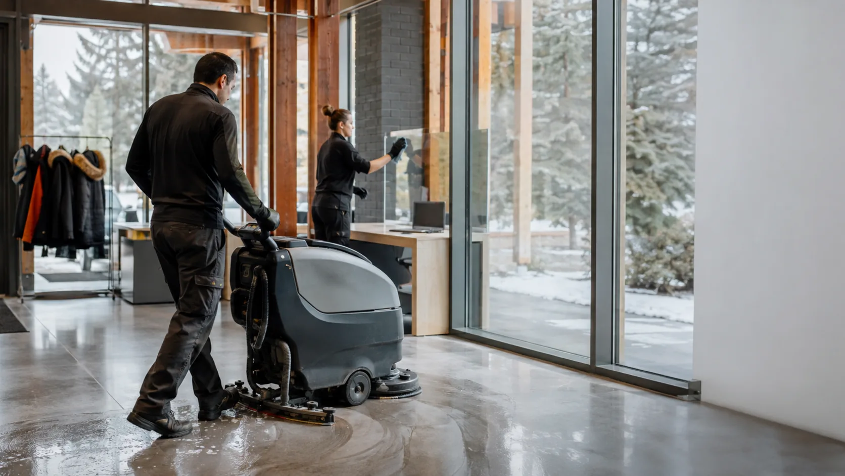 A commercial cleaner working through an office after hours in Canada