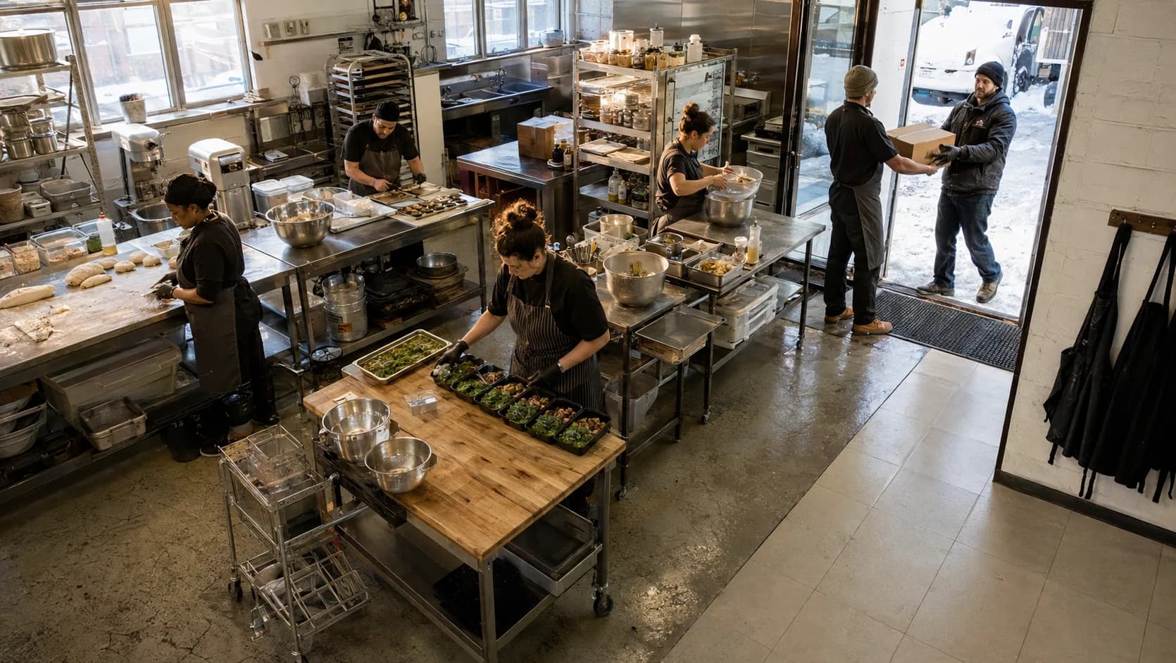 Food producers work across a busy shared kitchen during preparation