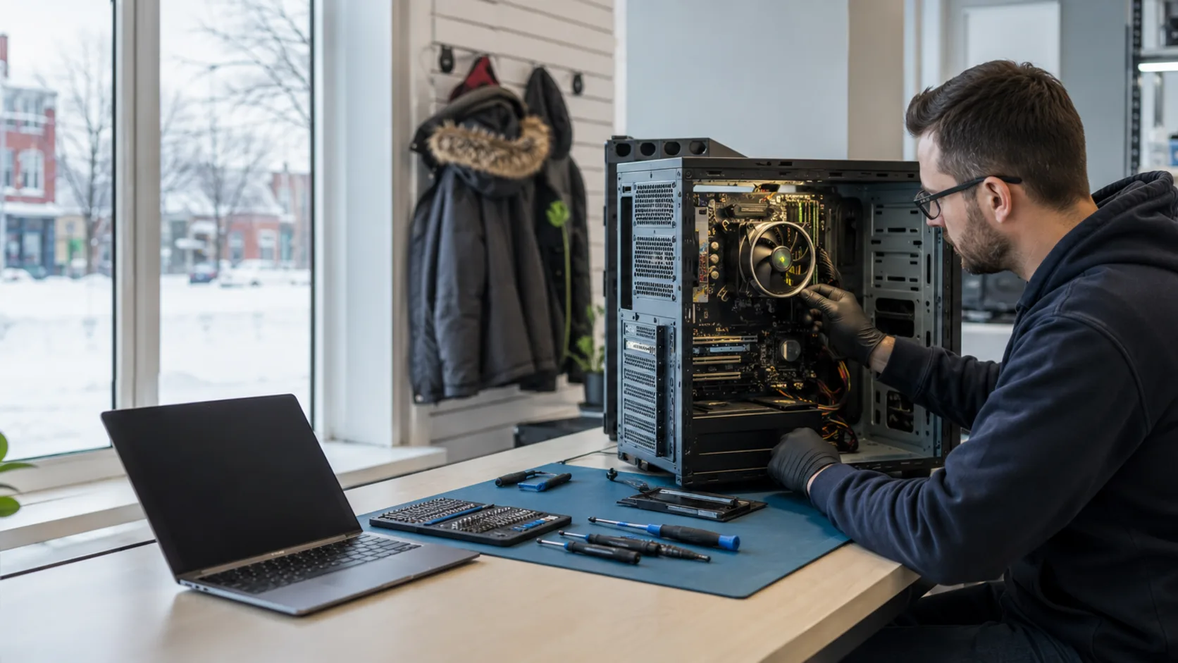 A technician working on an opened laptop at a repair bench in Canada