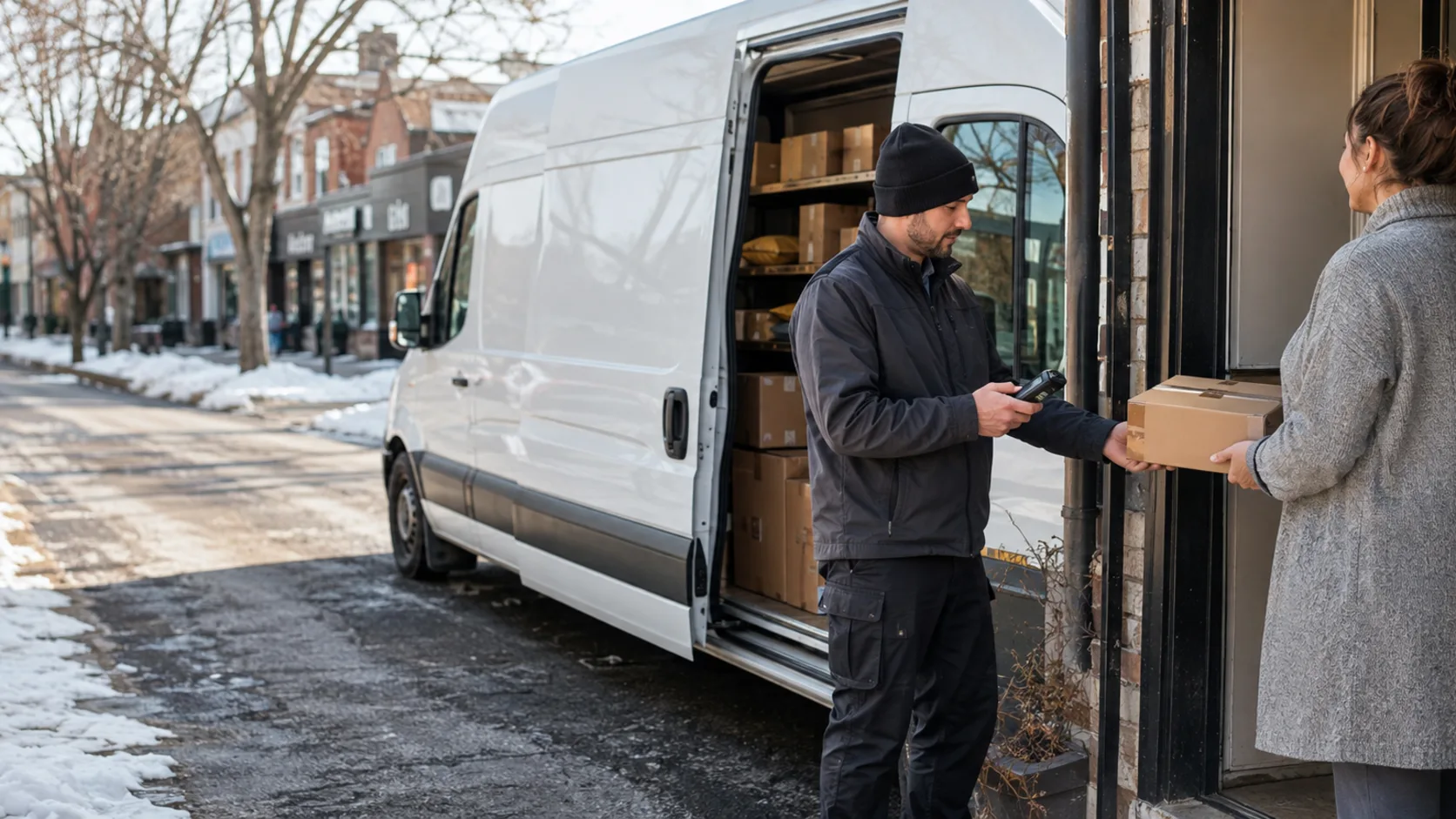 A driver loads a pallet into a liftgate cargo van on a snowy Canadian street