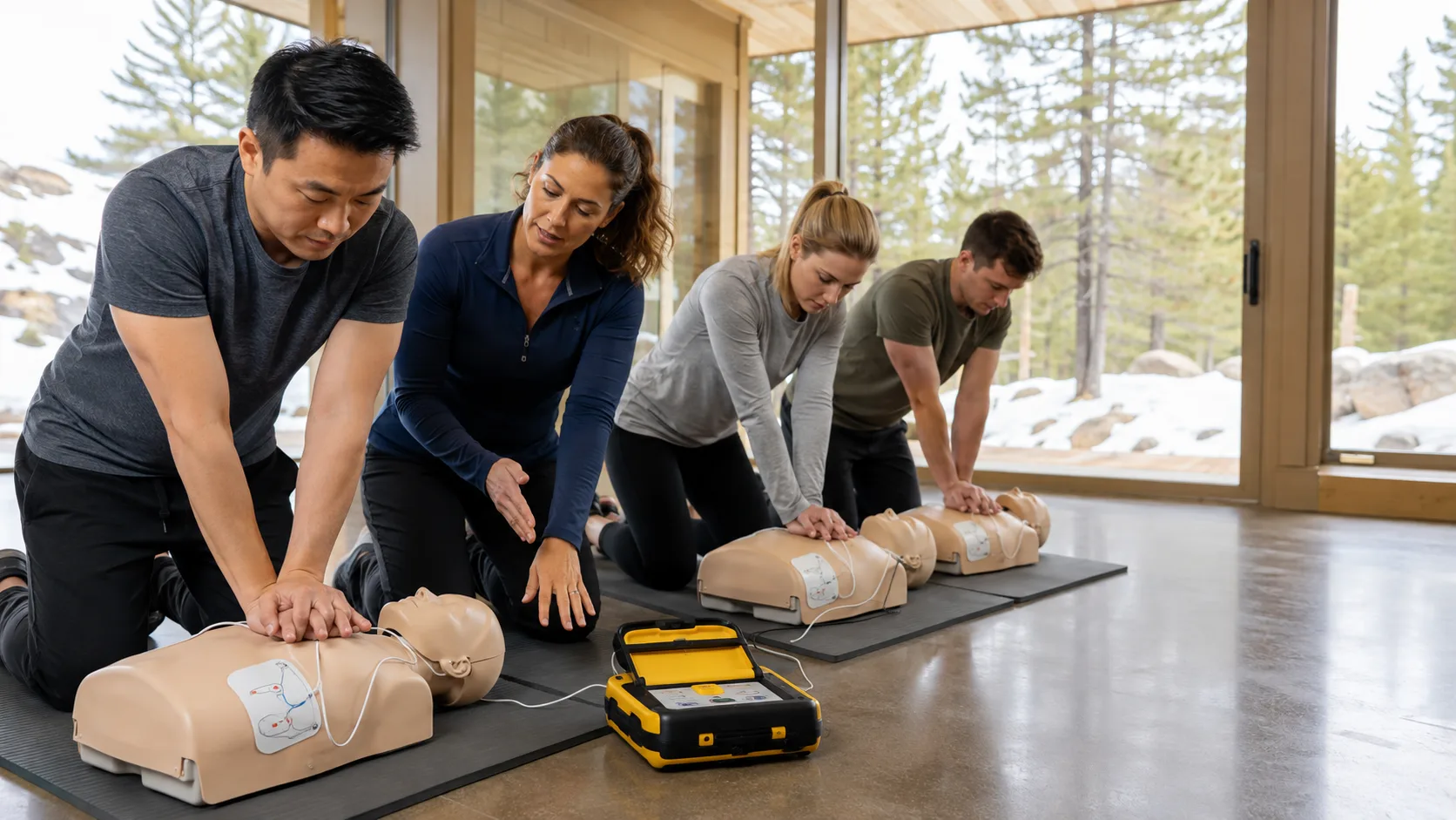 Learners practise chest compressions with manikins during a CPR refresher class in Canada