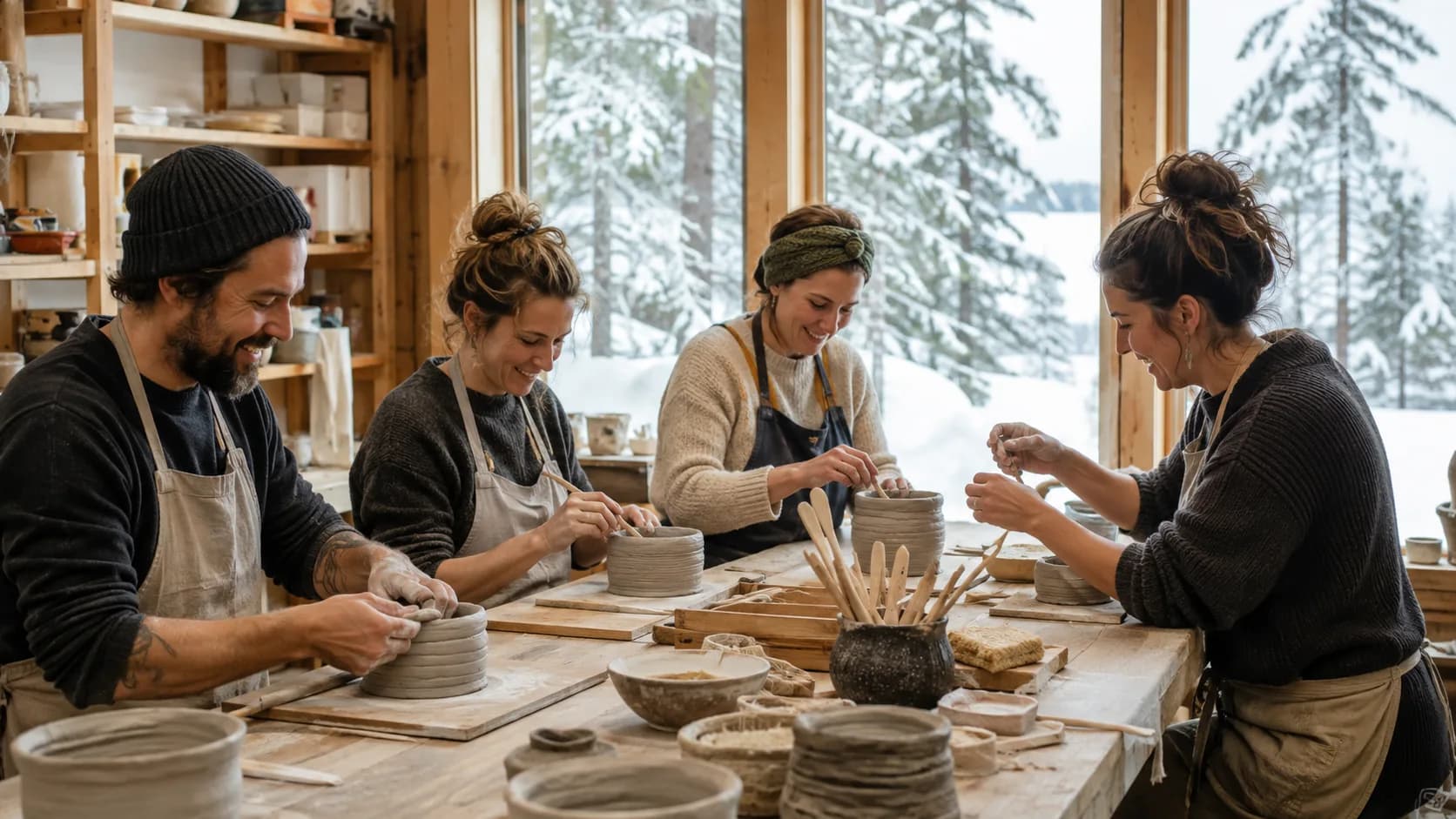 Participants making pottery in a bright craft studio in Canada