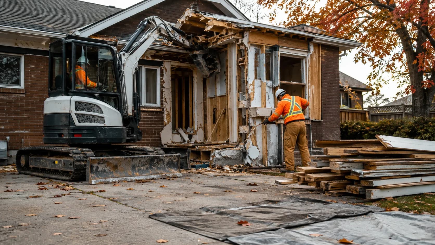 An excavator taking down a detached garage in Canada