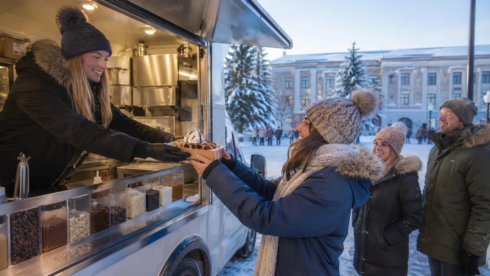 dessert van handing over a warm waffle beside winter snow in Canada