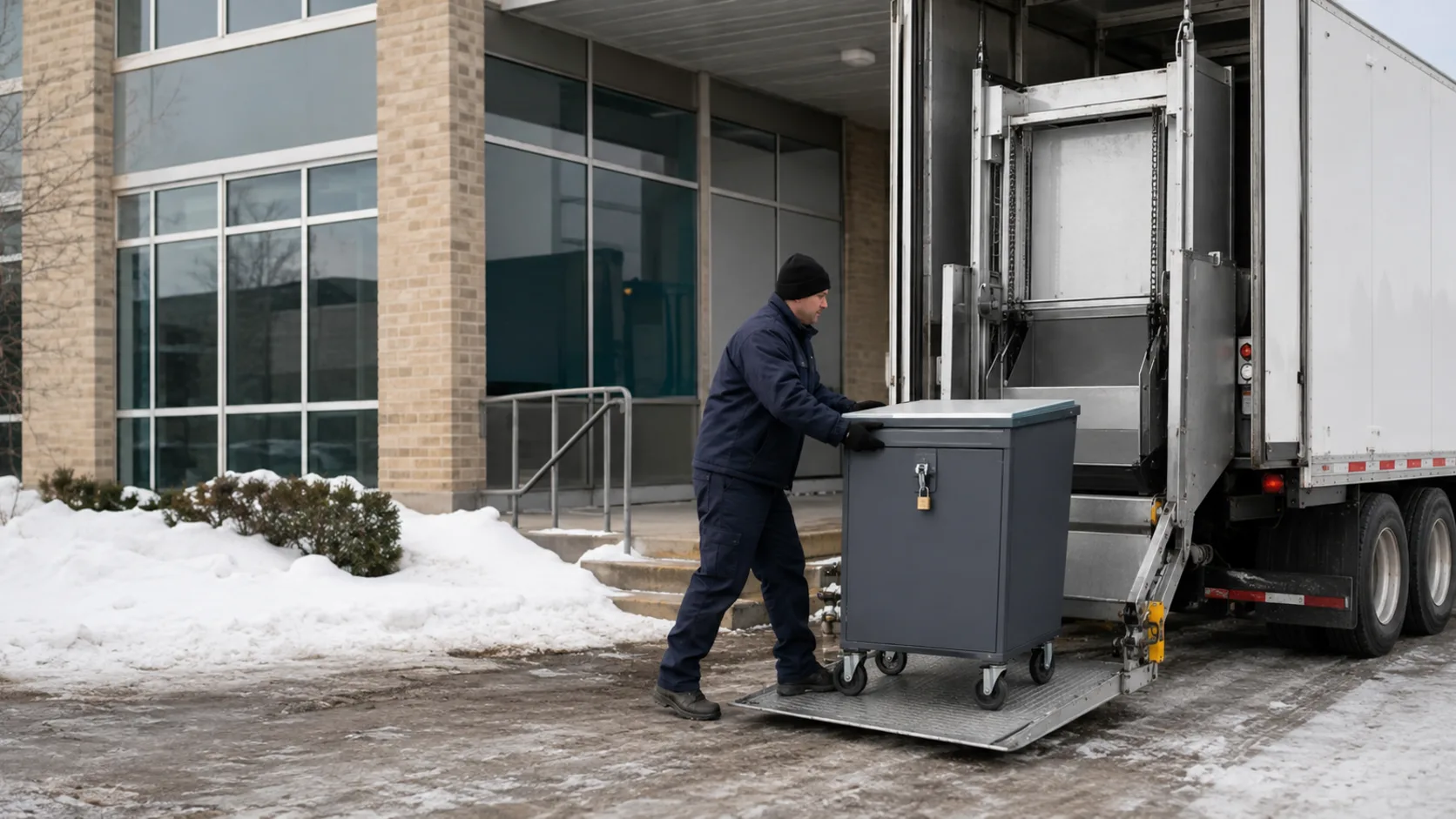 A mobile shredding truck working an office building in Canada