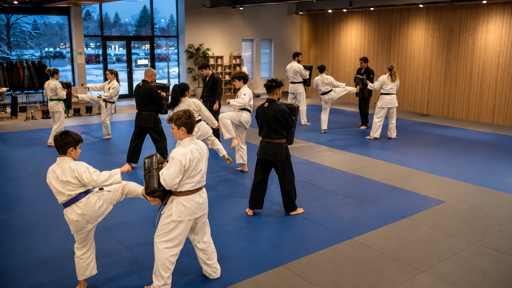 Students practise inside a bright insulated martial-arts studio in Canada