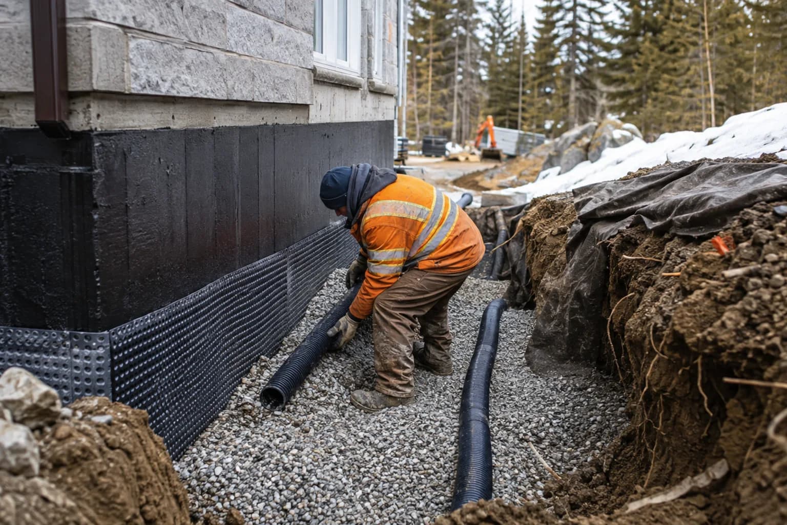 A drainage contractor feeding a jetting hose into a chamber in Canada