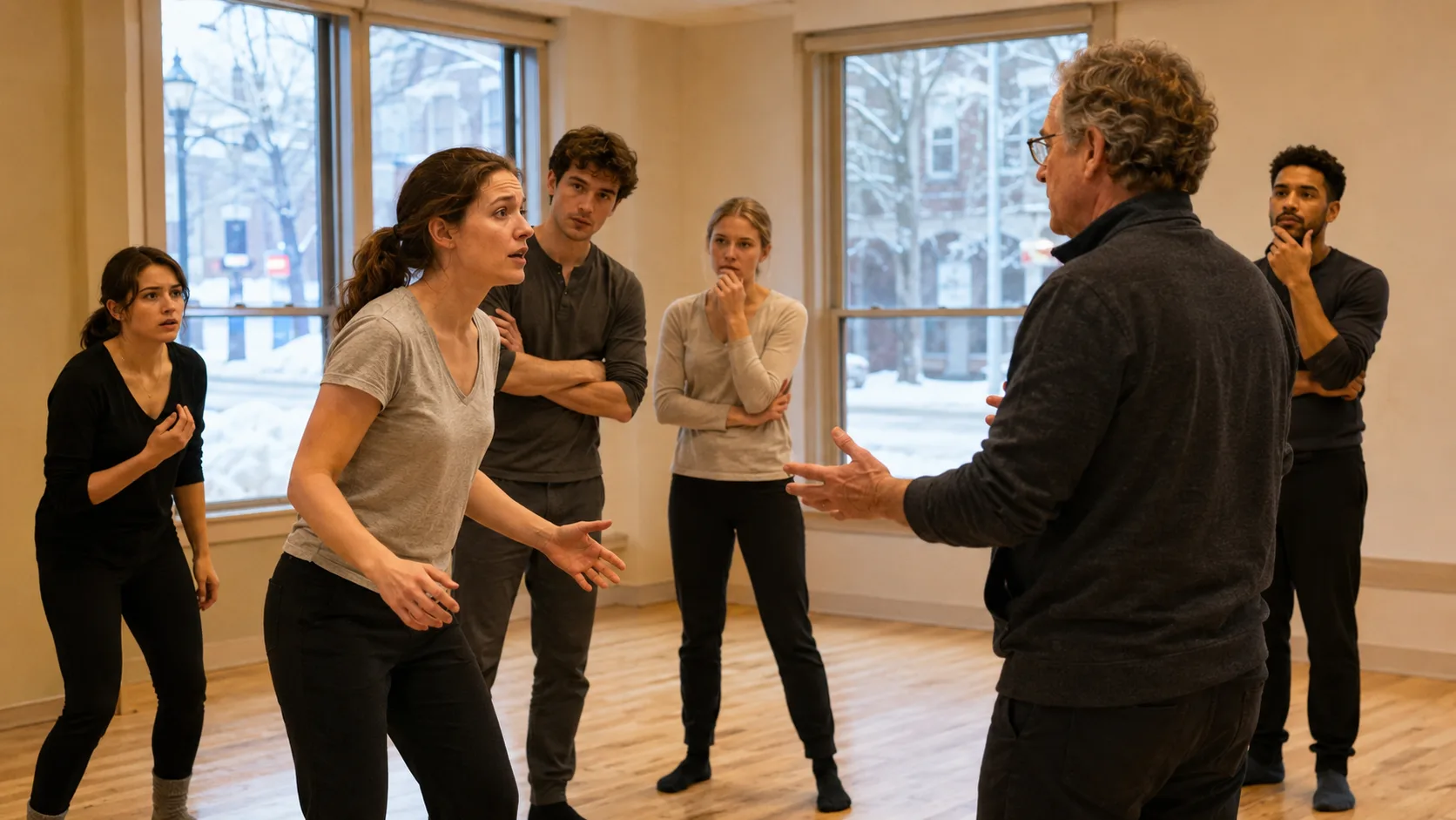 Drama students rehearsing an ensemble scene in a theatre room in Canada