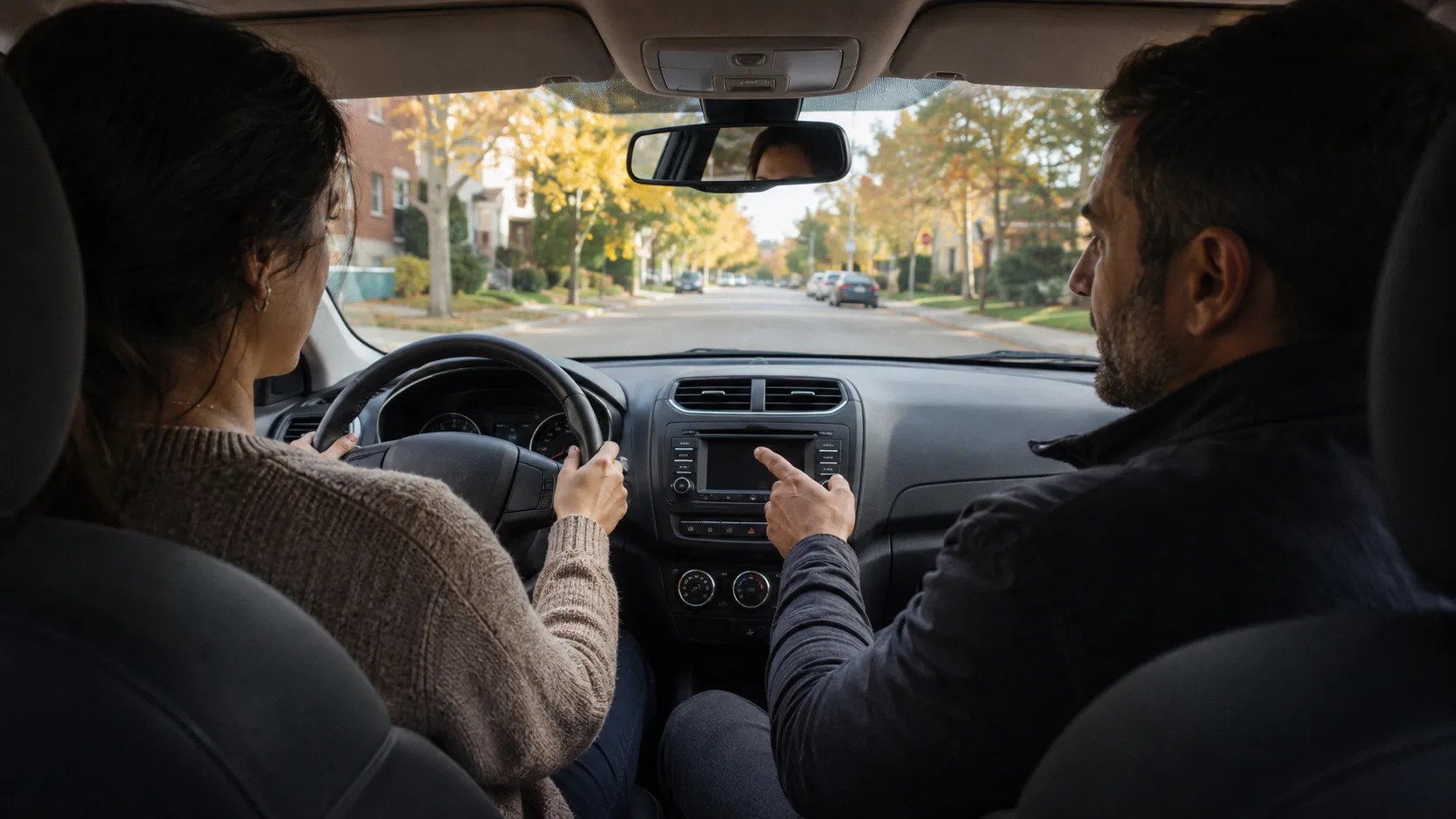 A driving instructor and learner on a lesson in Canada