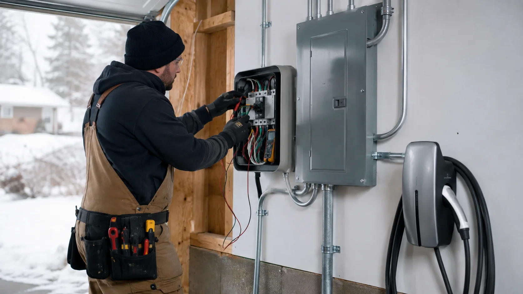 An electrician at work in a bright modern home in Canada