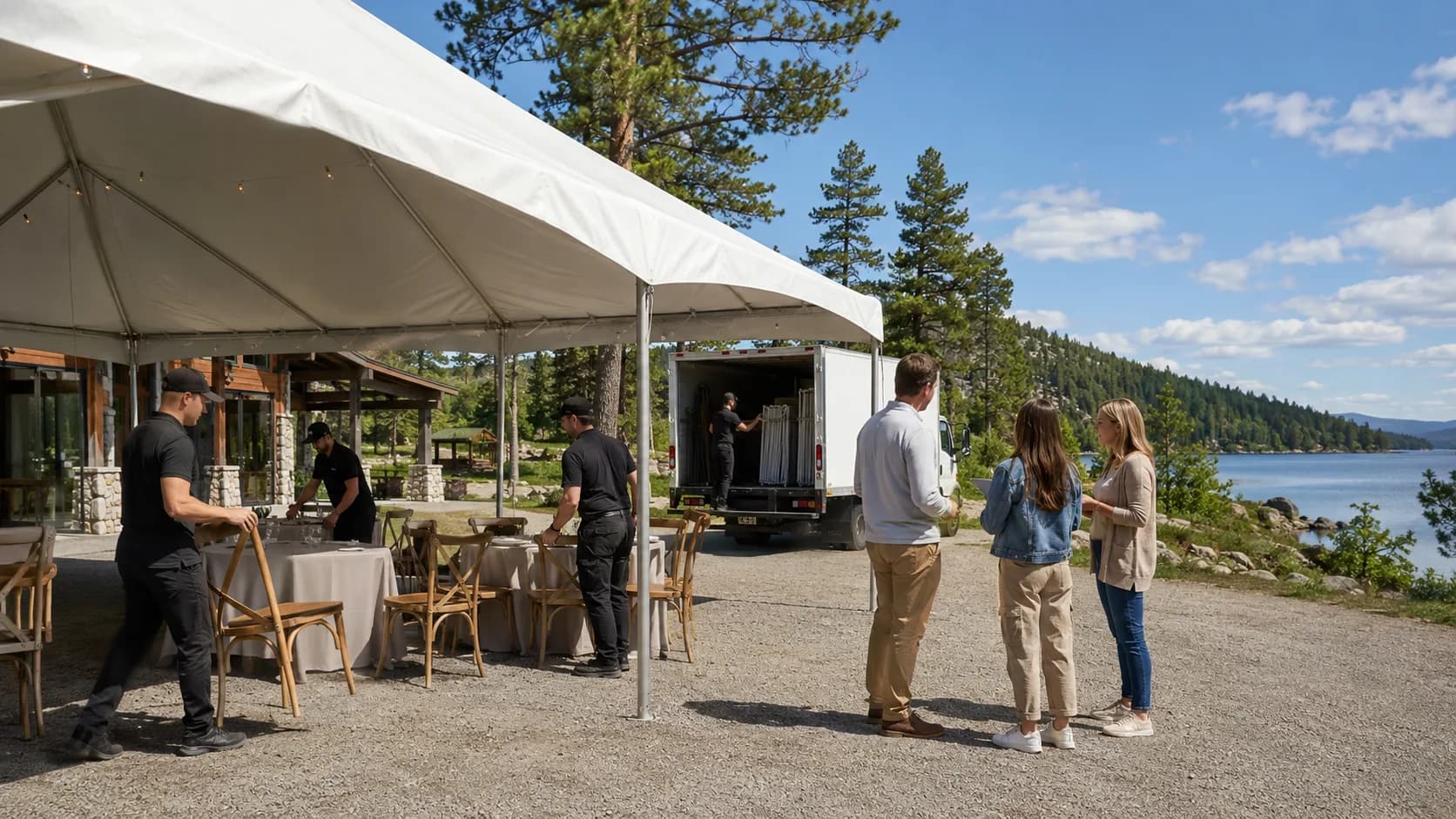 Customers pick up reserved tent, table or chair model from an active business in Canada