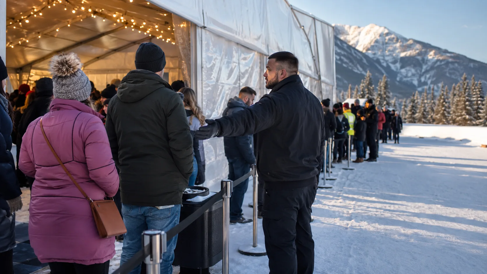 Event security staff calmly managing guest entry at a booked event in Canada