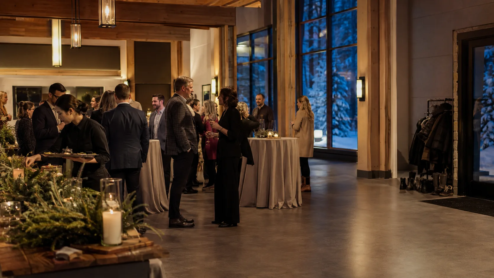 Guests gather inside a bright Canadian event venue on a winter evening
