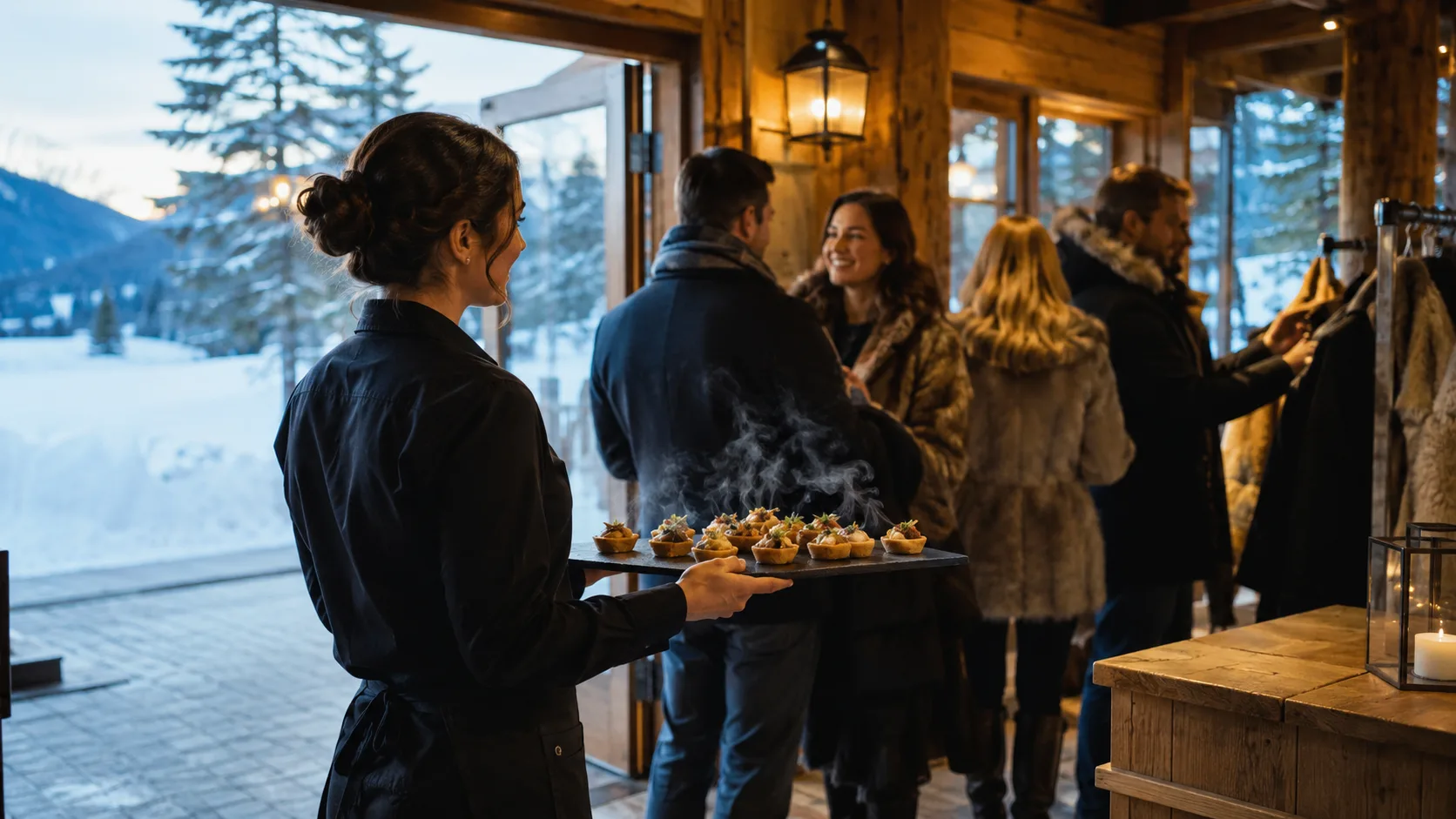 event server carrying hot canapes inside a winter lodge in Canada