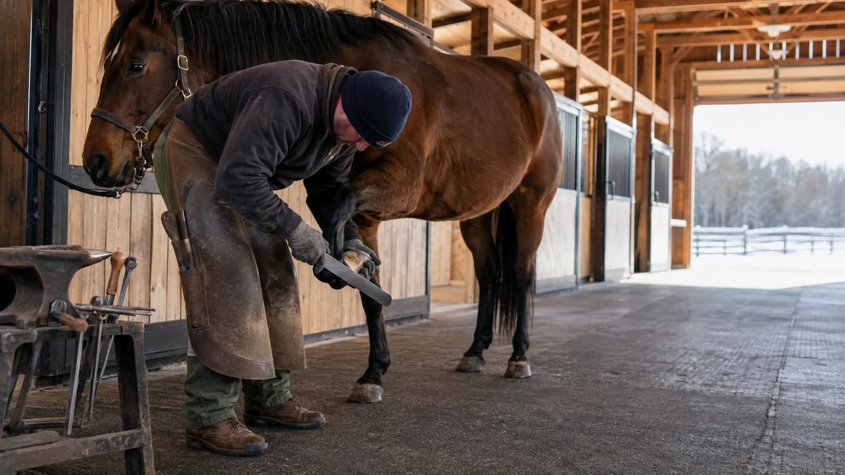 A farrier trims a hoof in an open Canadian barn aisle