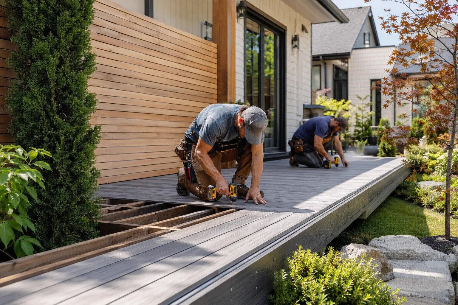 A fencer building a timber deck behind a house in Canada