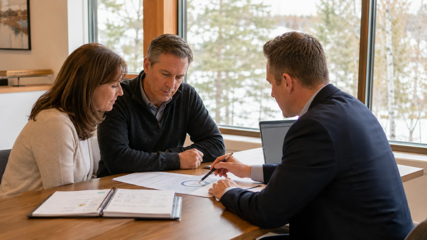 A financial adviser holds a planning review with a client in Canada