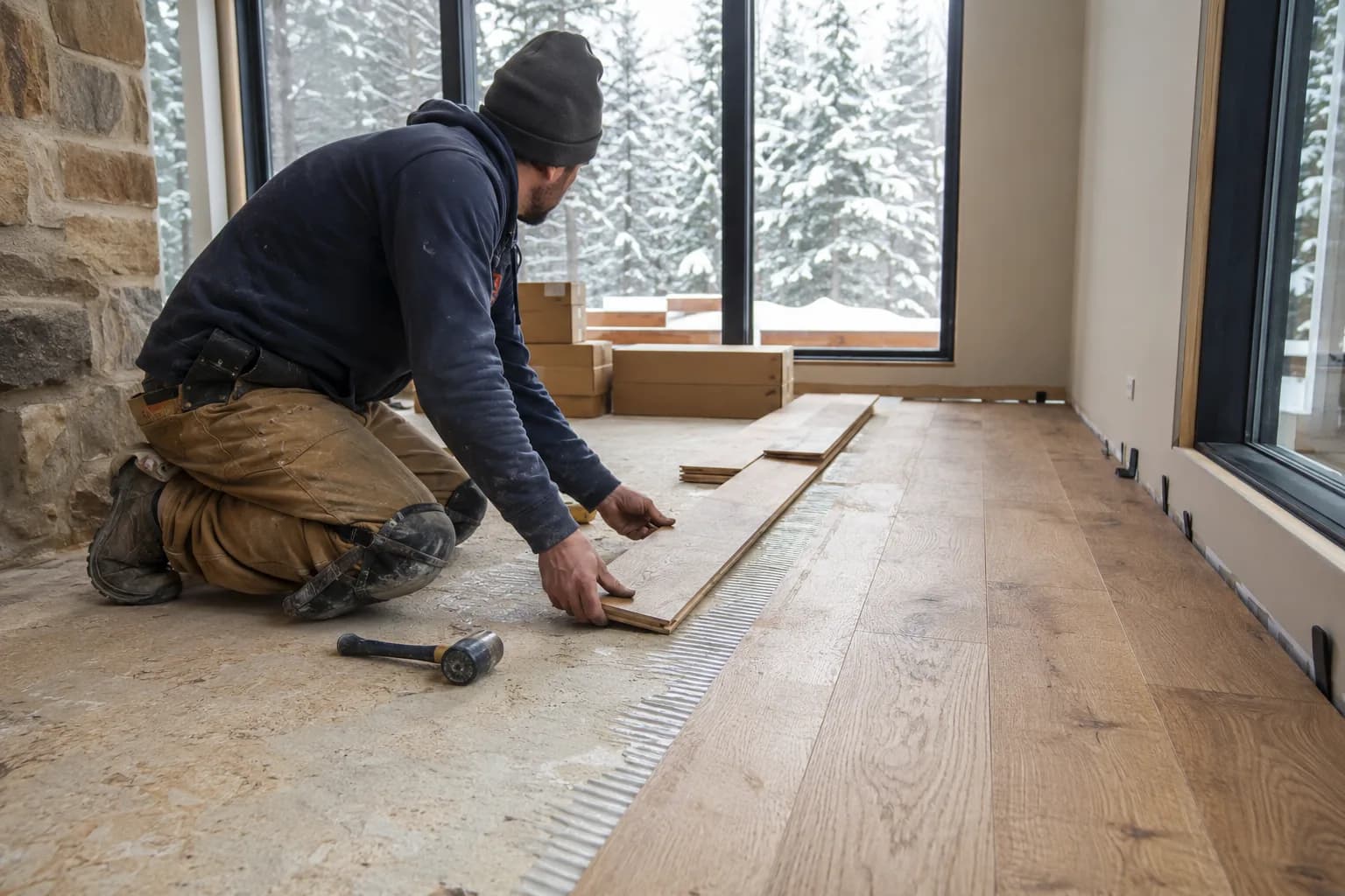 A floorlayer laying a timber floor in Canada