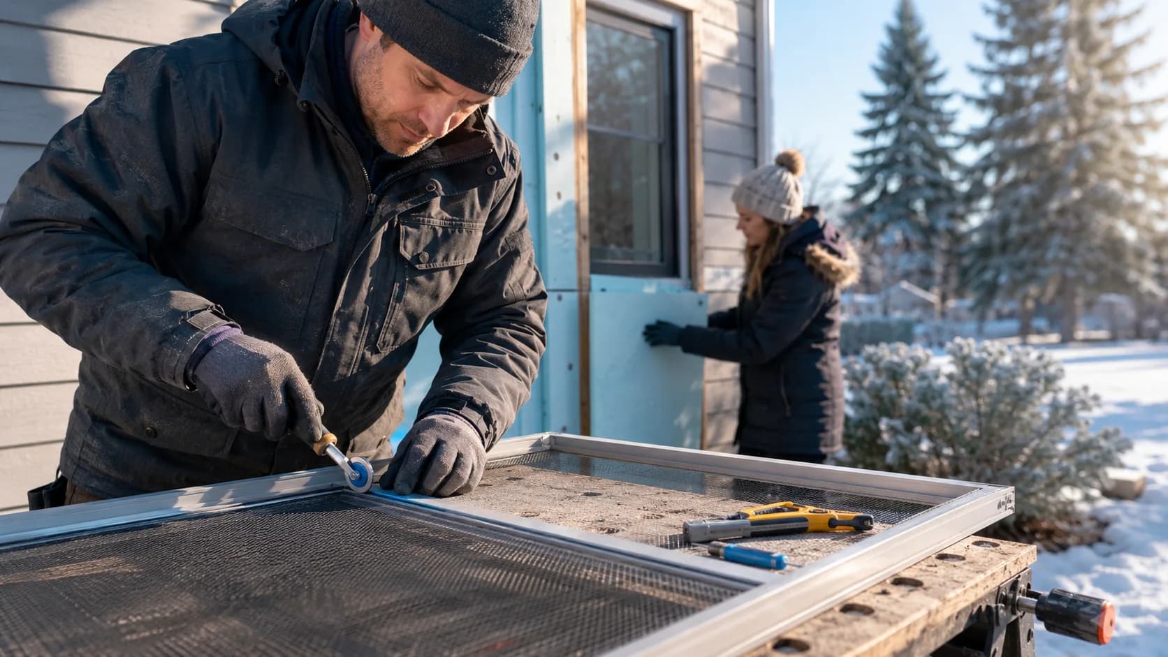A flyscreen fitter resplining a panel at the van in Canada