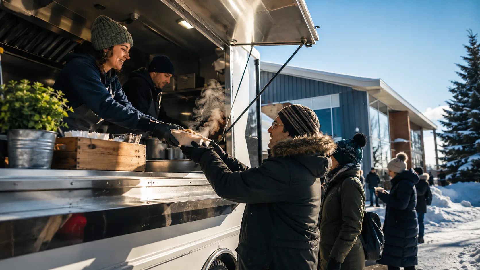 food truck serving hot meals beside snow-covered grounds in Canada