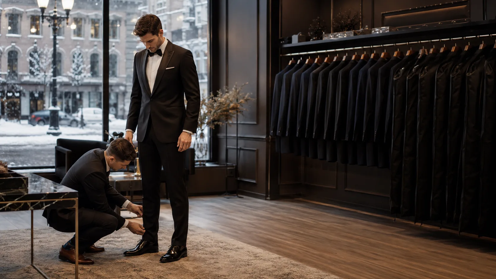 An assistant fits a tuxedo in a Canadian boutique with snow on the street outside