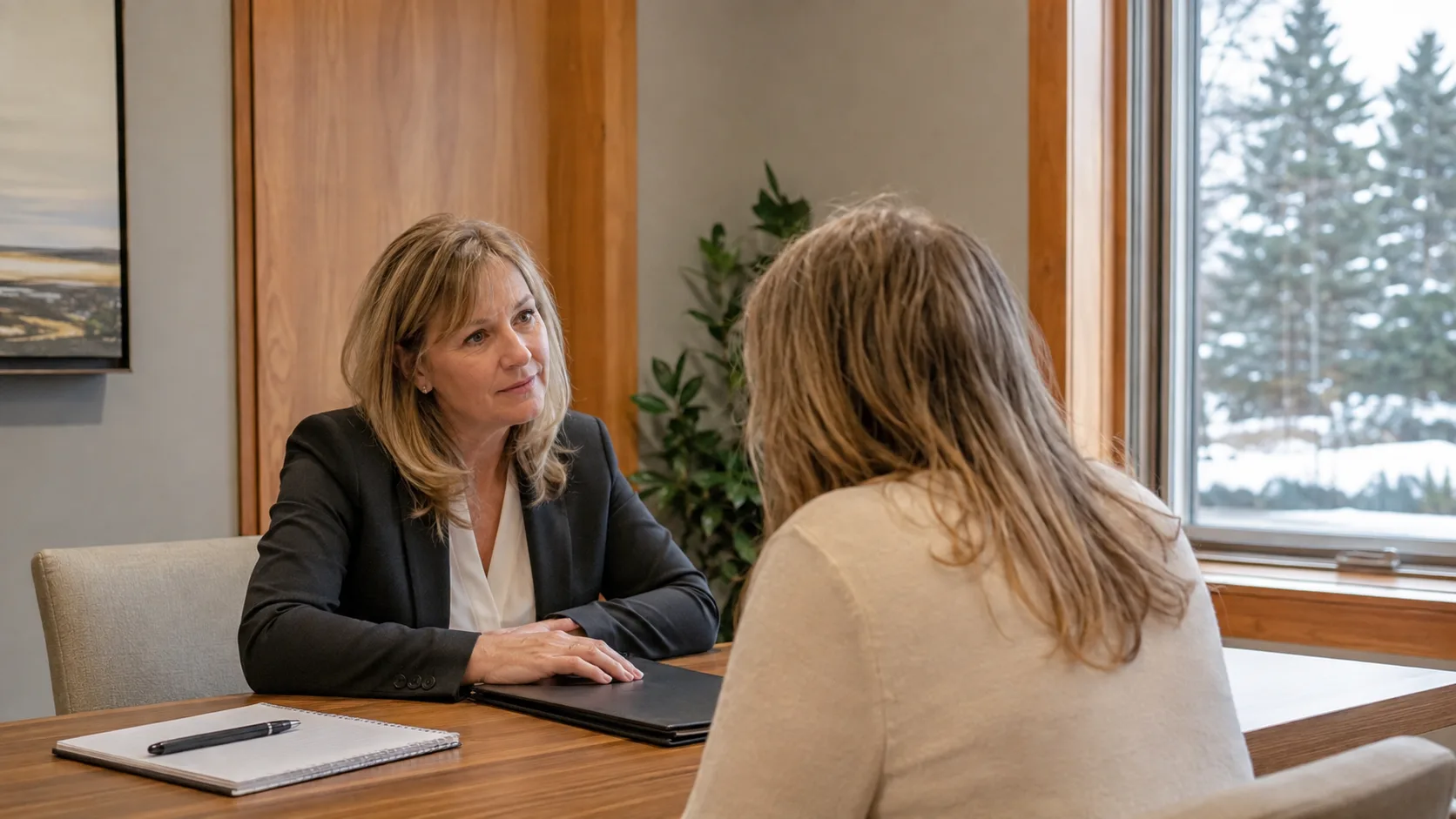 A funeral director listens during a private family appointment in Canada
