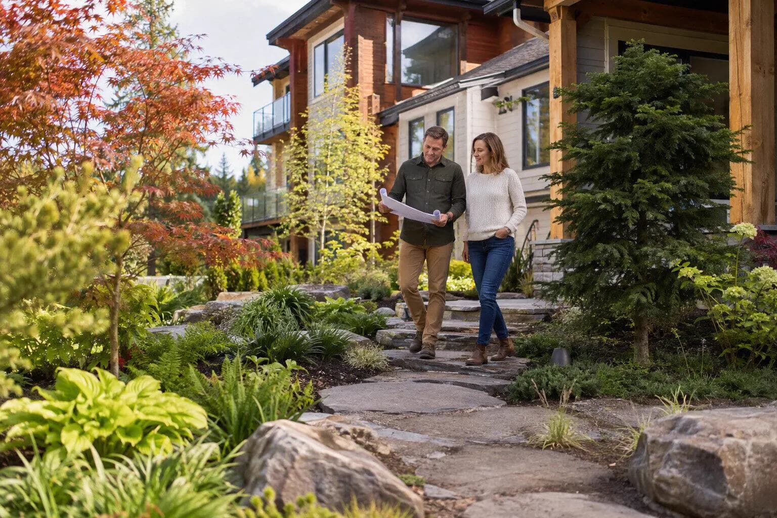 A garden designer setting out a planting plan for a garden in Canada
