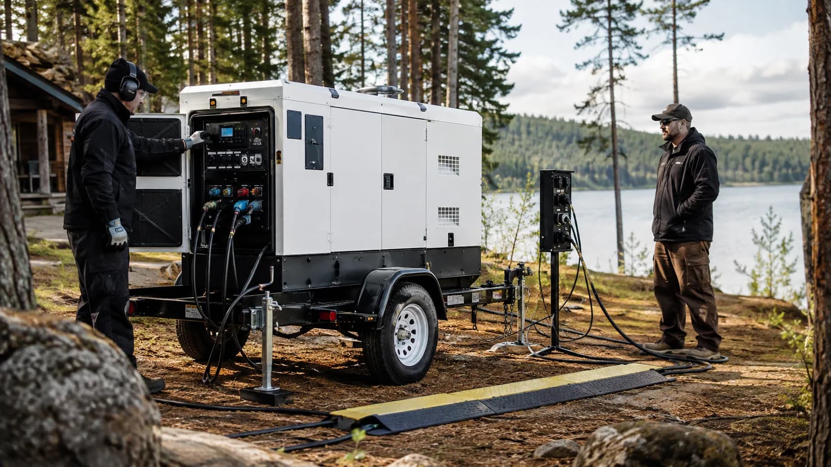 Operator inspecting a generator at a remote worksite in Canada
