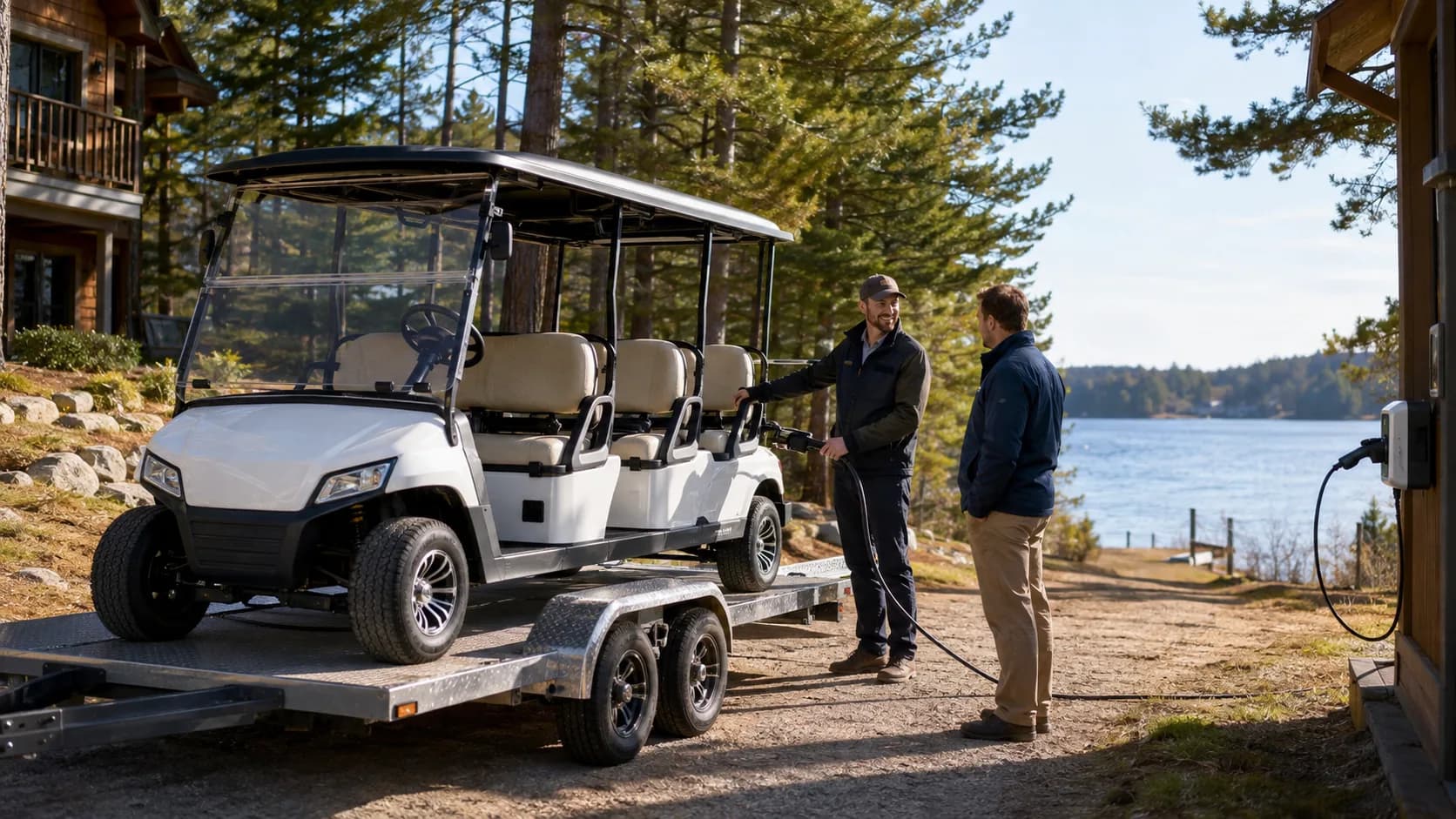 Operator delivering golf carts beside a lake during a service handover in Canada