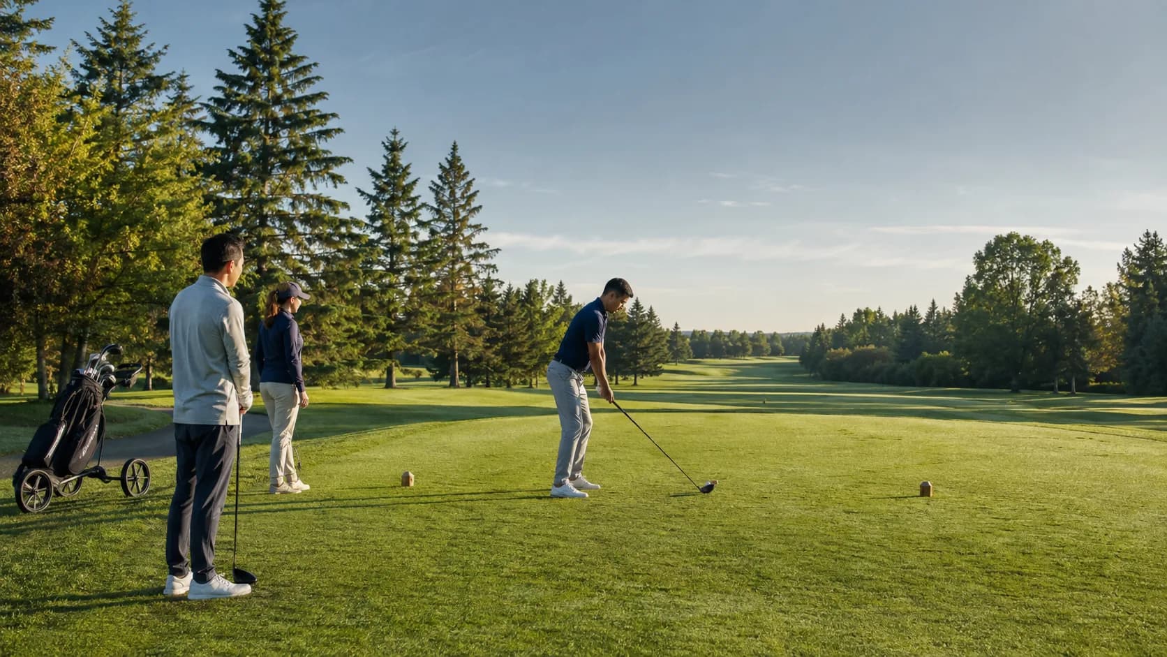 A Canadian golf course in clear morning light, fairway and green ready for the season’s play