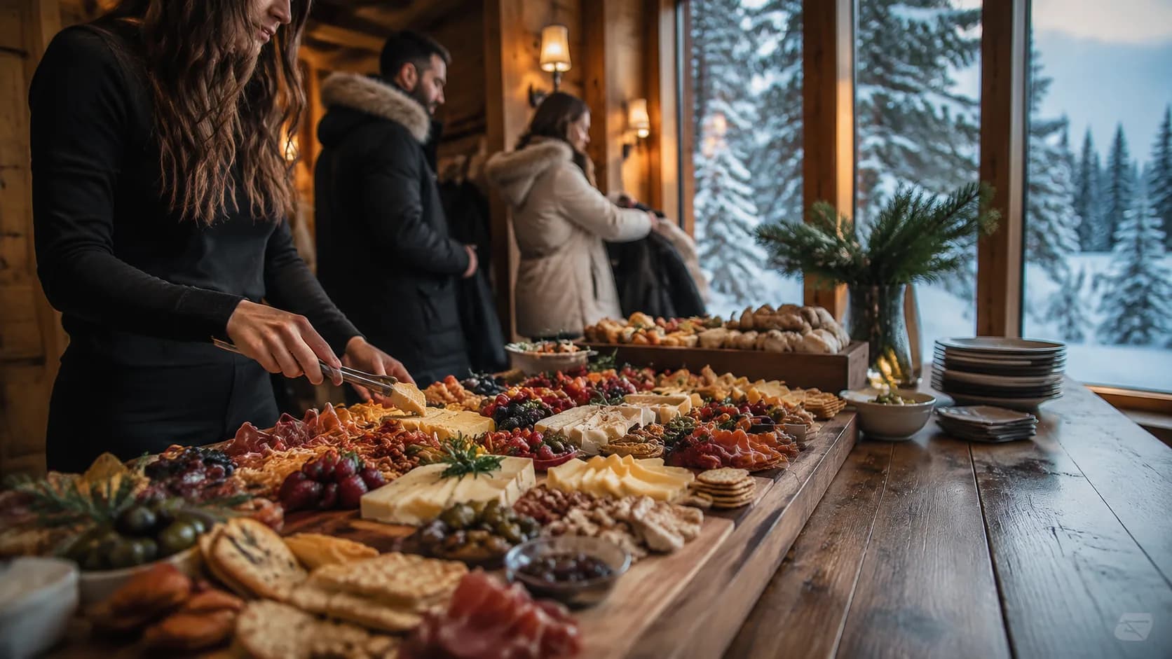 platter caterer setting a winter lodge reception table in Canada