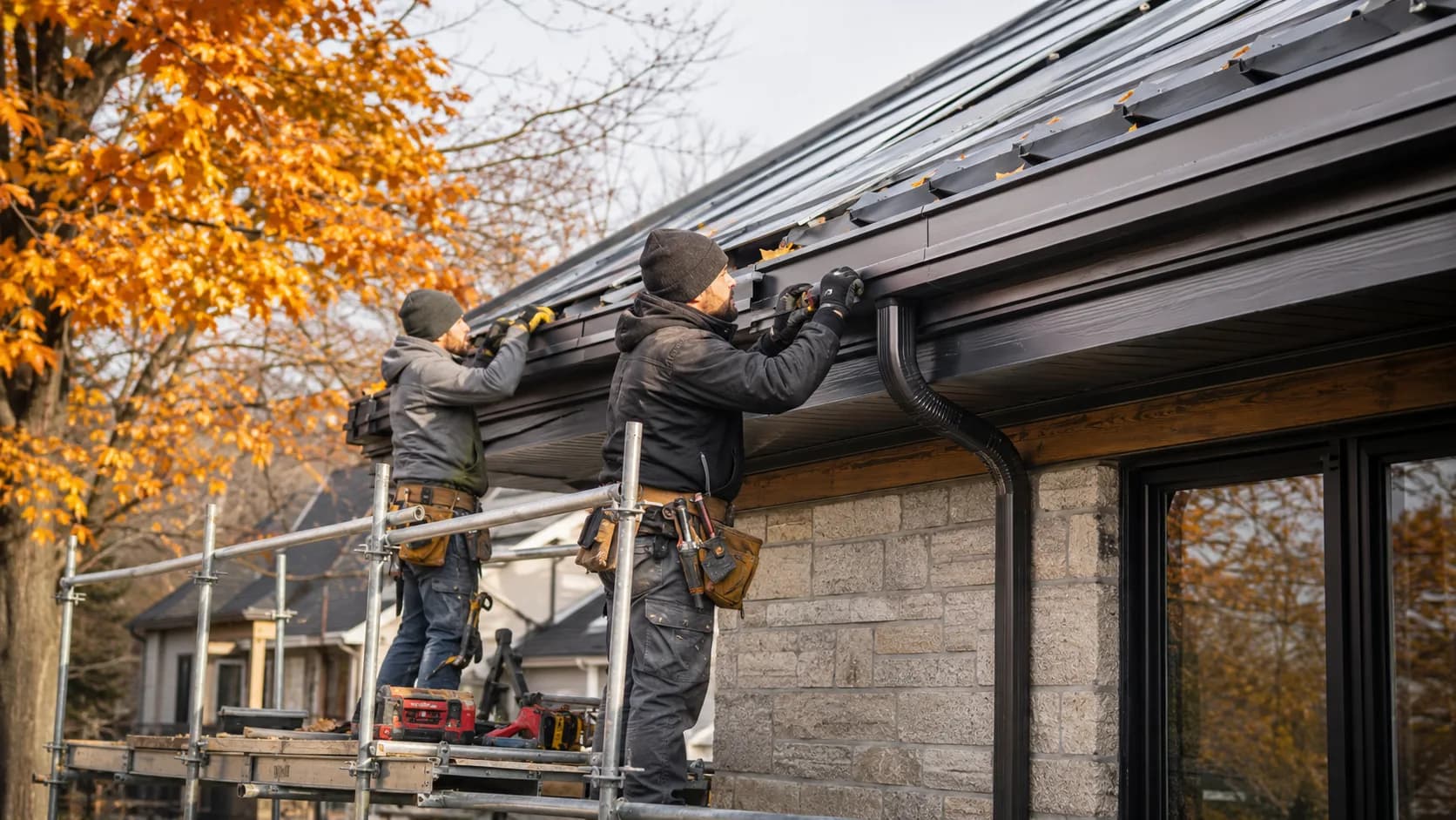 A fitter hanging a new gutter run in Canada