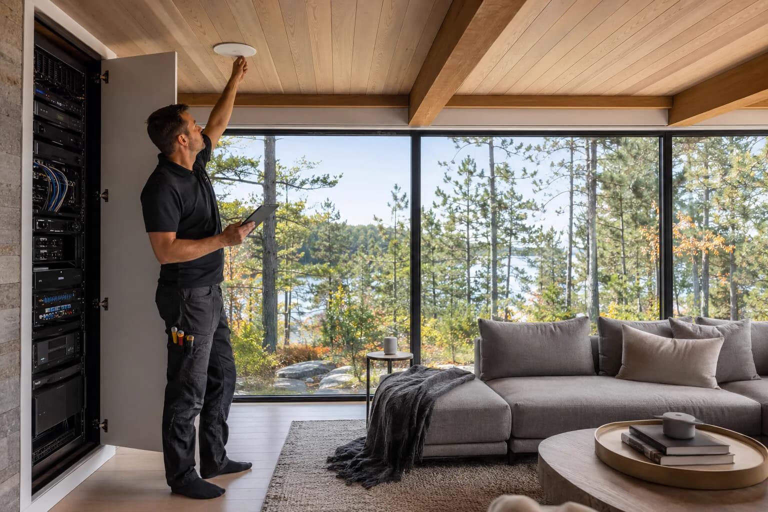 An installer commissioning a home control and audio system in Canada