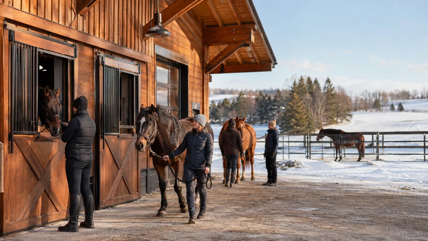 Customers arrive at a bright Canadian stall or paddock for their booking