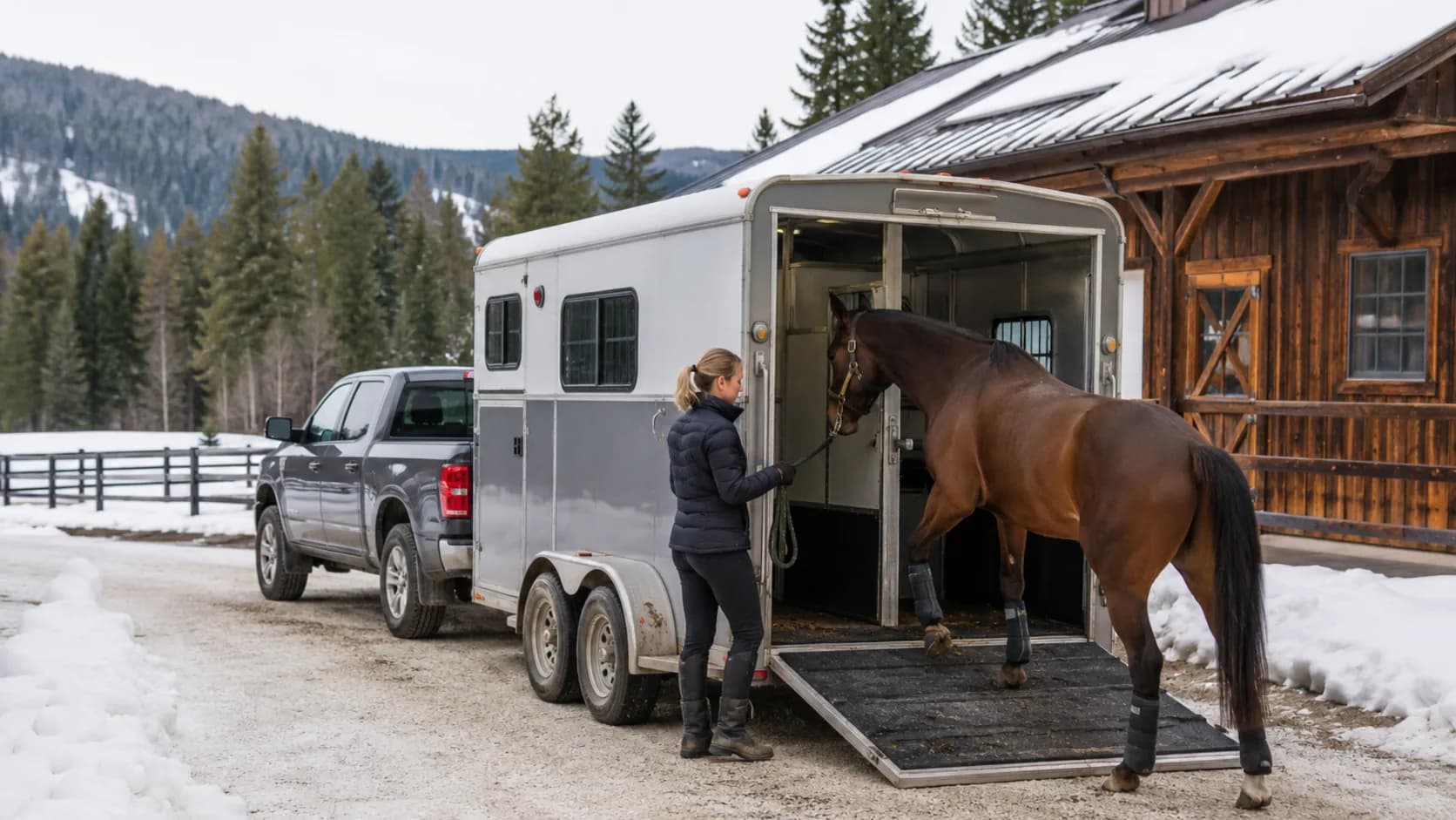 A horse trailer is loaded at a Canadian boarding barn with frost on the paddocks