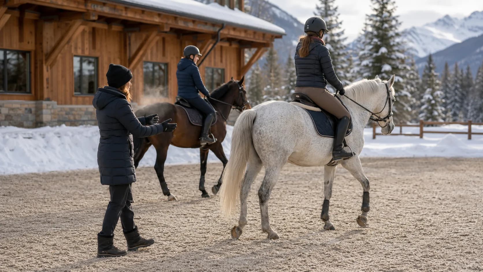 Rider and coach working in a snowy outdoor arena in Canada