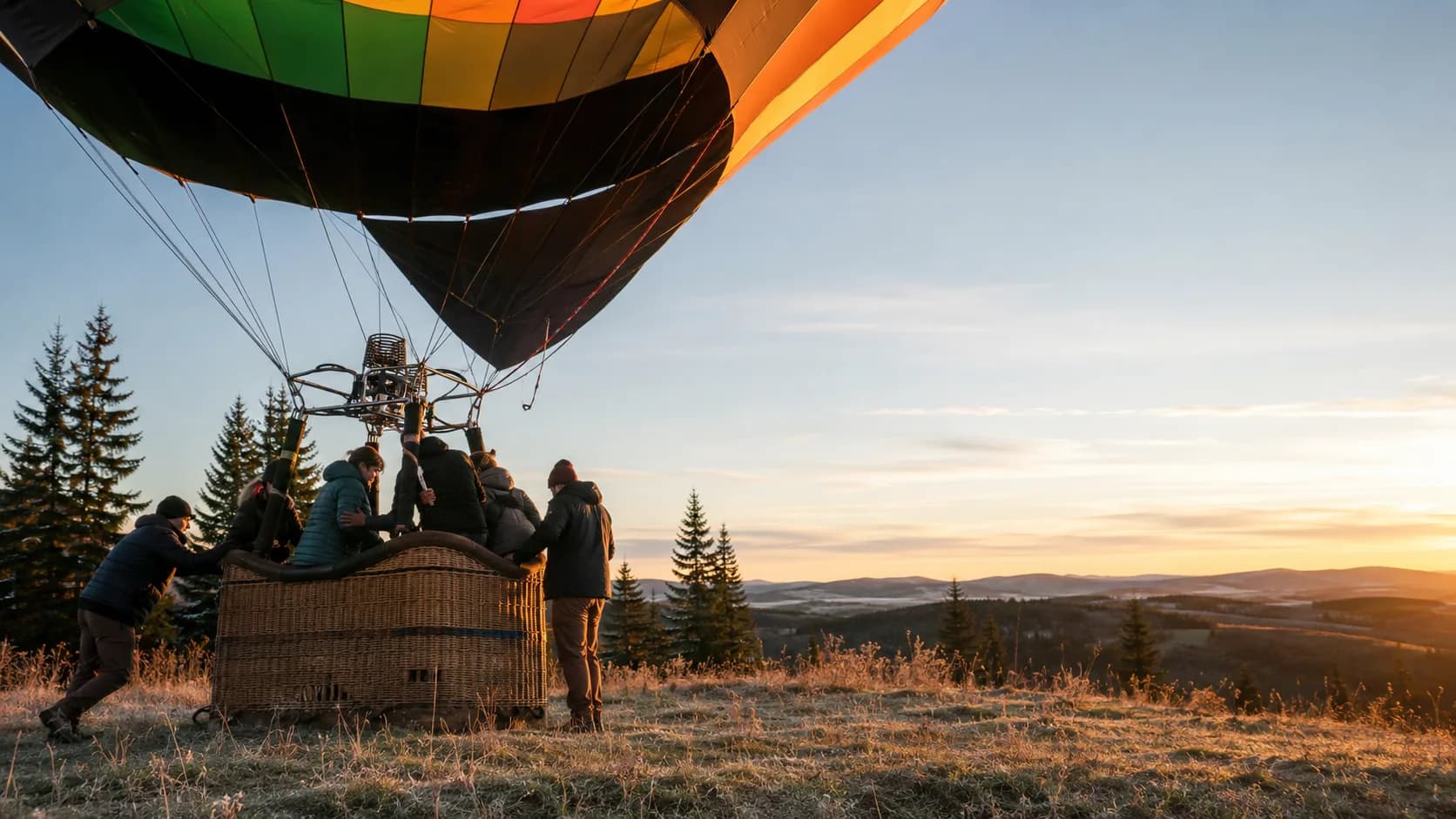 A balloon inflates at sunrise over a Canadian valley with autumn colour below