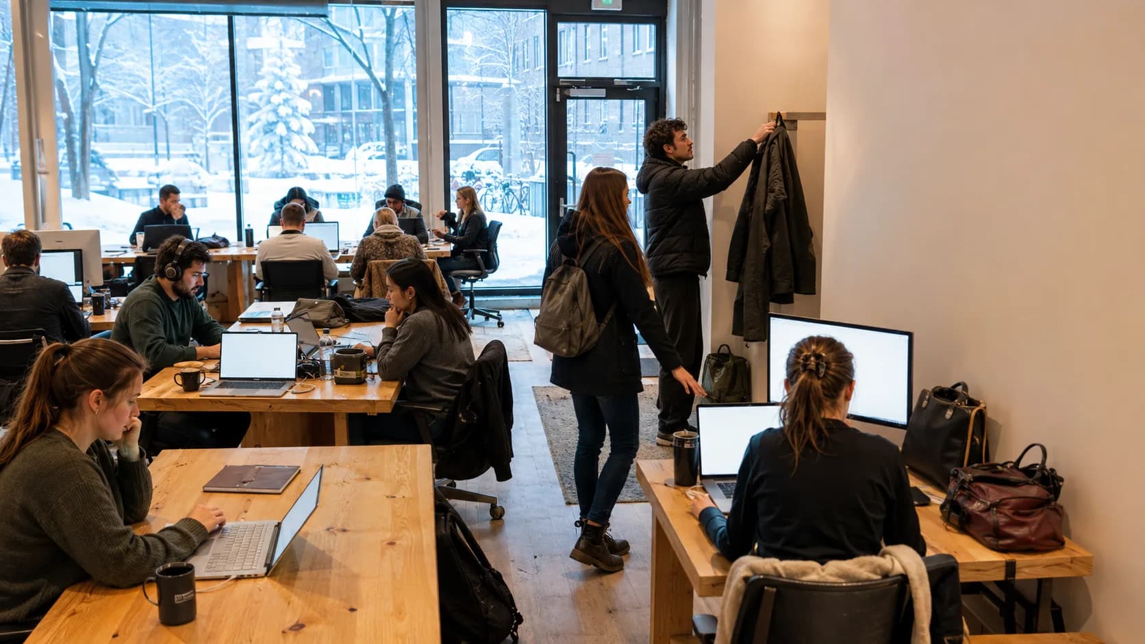 Coworkers use occupied desks throughout a bright professional shared workspace