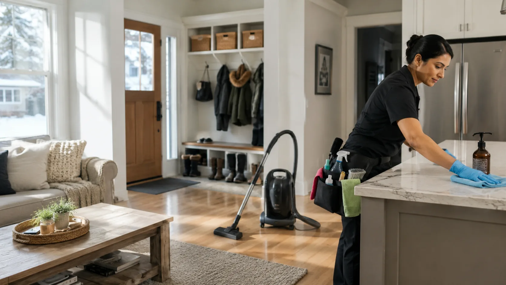 A housekeeper cleaning a kitchen in a home in Canada