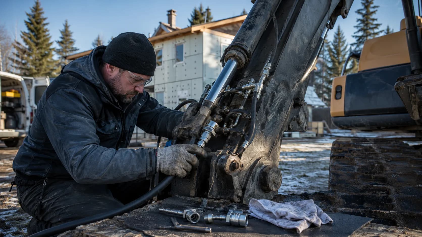 A mobile hose fitter crimping a hose beside a stopped machine in Canada