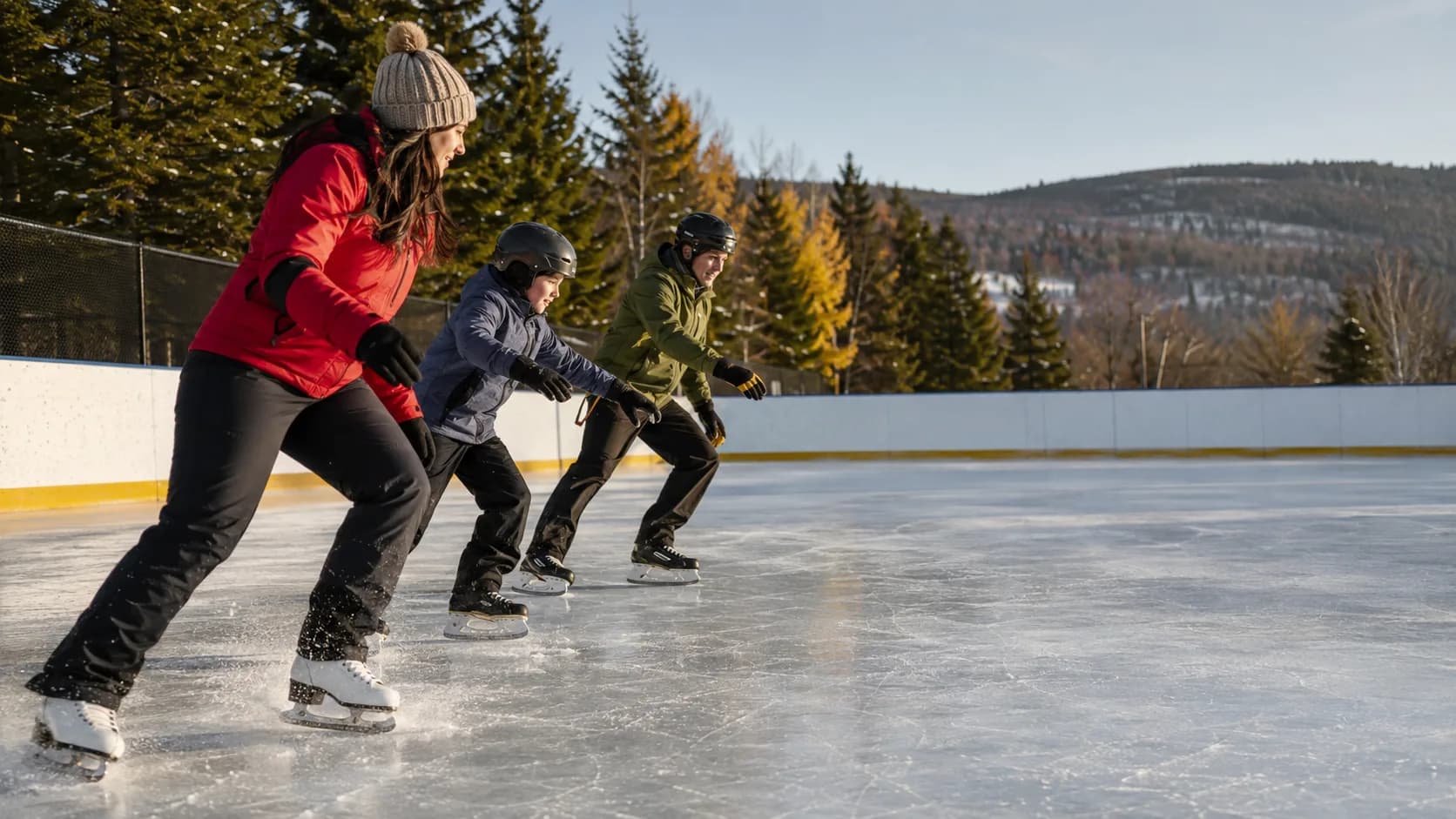 Skaters circle the ice at a Canadian community arena with boards and benches