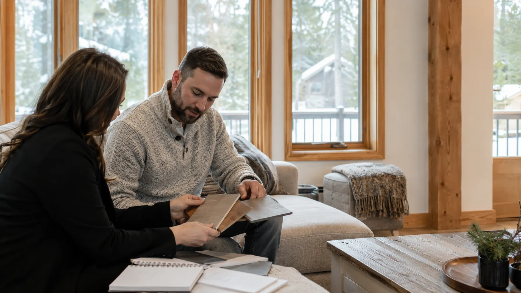 An interior designer compares material samples in a client home in Canada