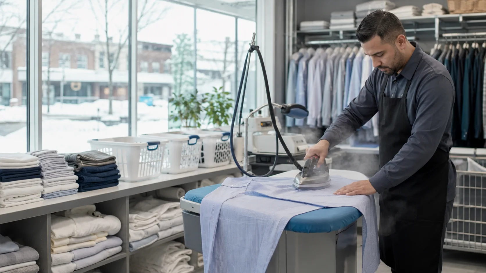 Pressed shirts bagged for a laundry round in Canada
