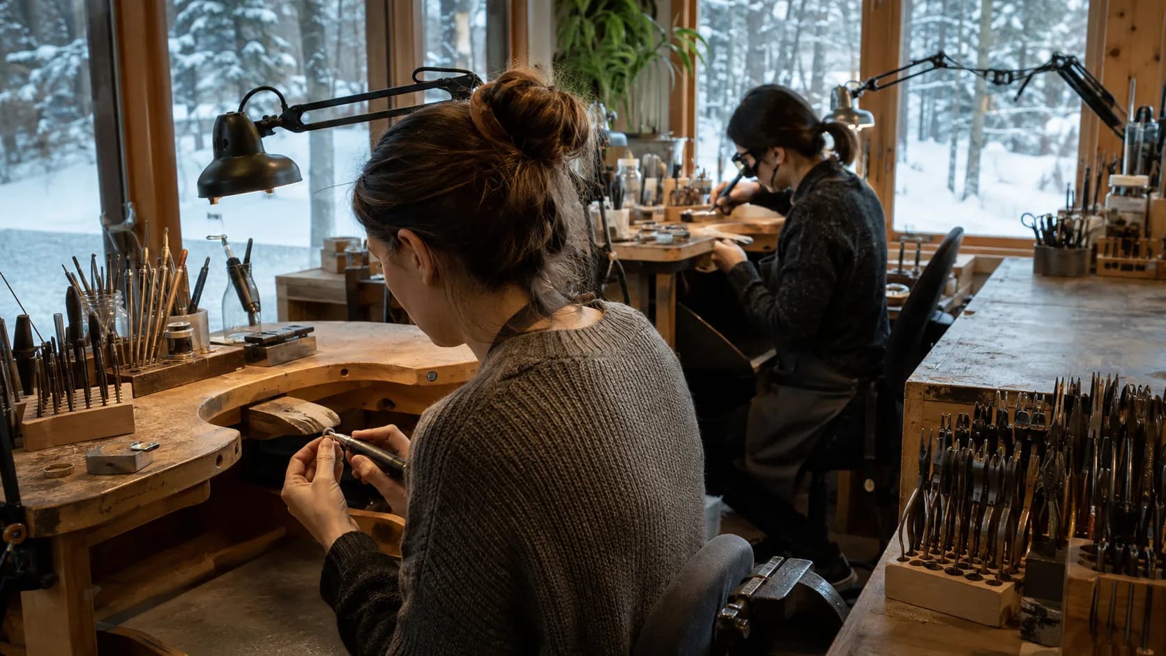 Makers at individual benches shaping silver while a tutor helps at a Canadian studio