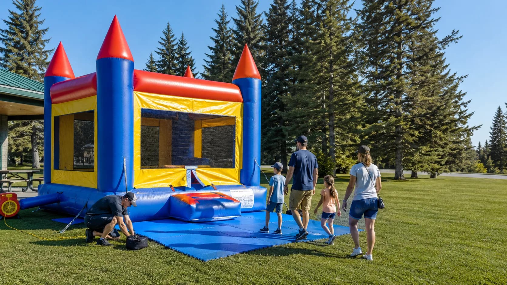 Crew preparing a bouncy castle for a community event in Canada