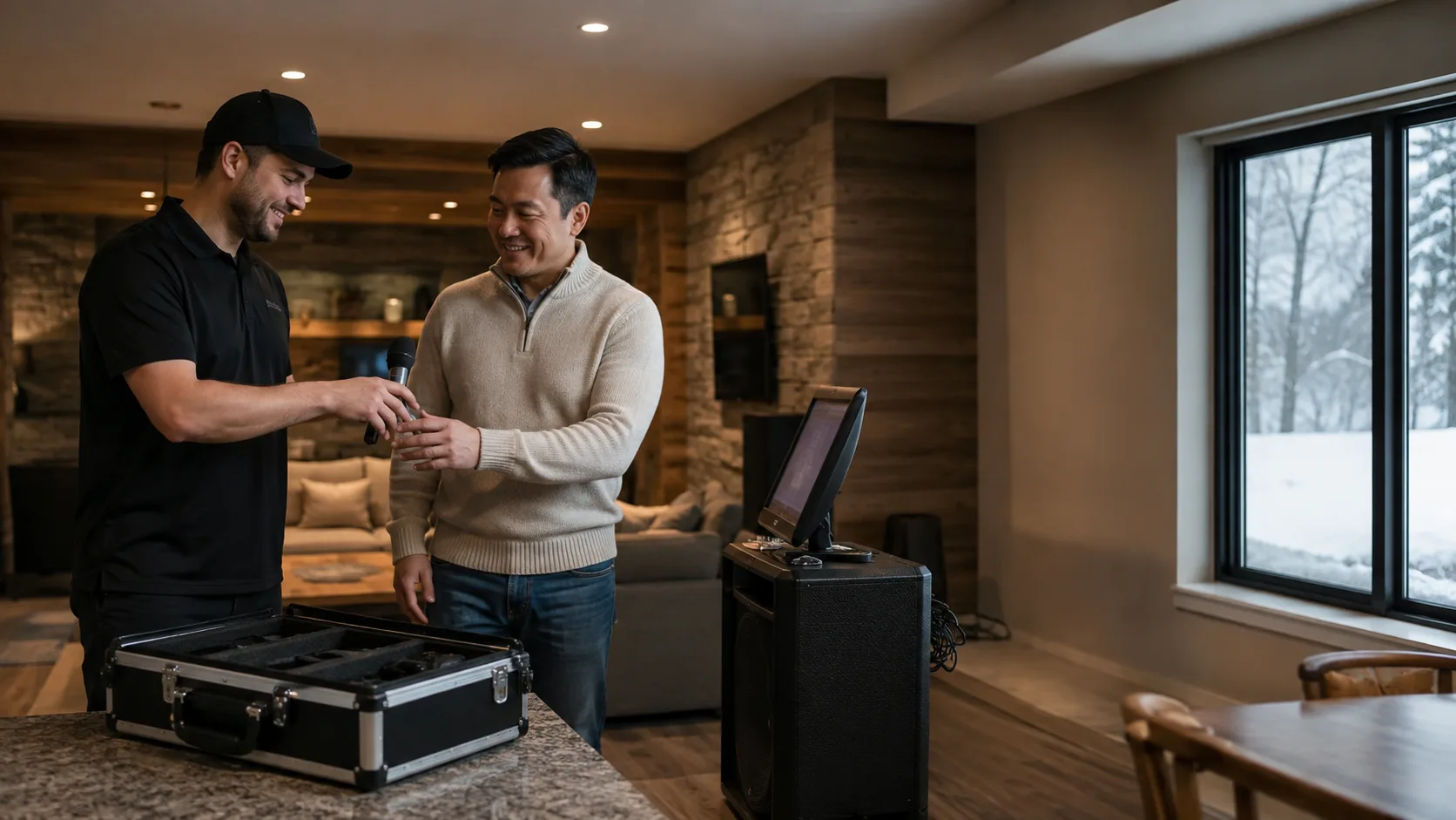 A technician hands over a karaoke system in a Canadian home with snow outside
