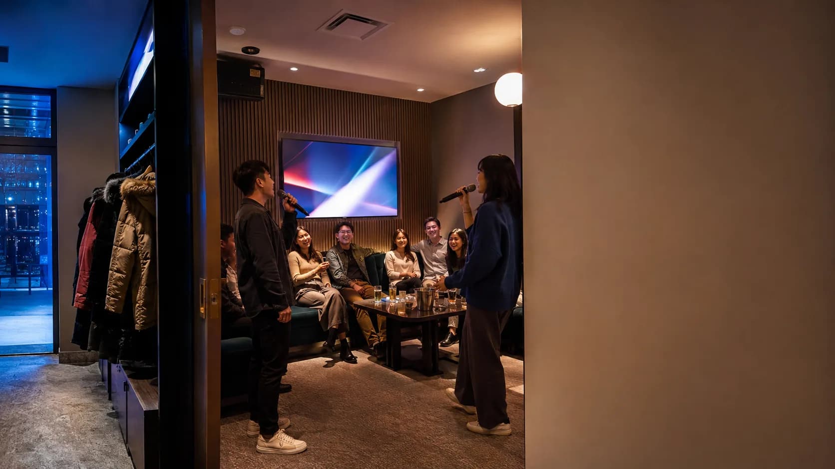 A group sings inside a warm karaoke room on a snowy night