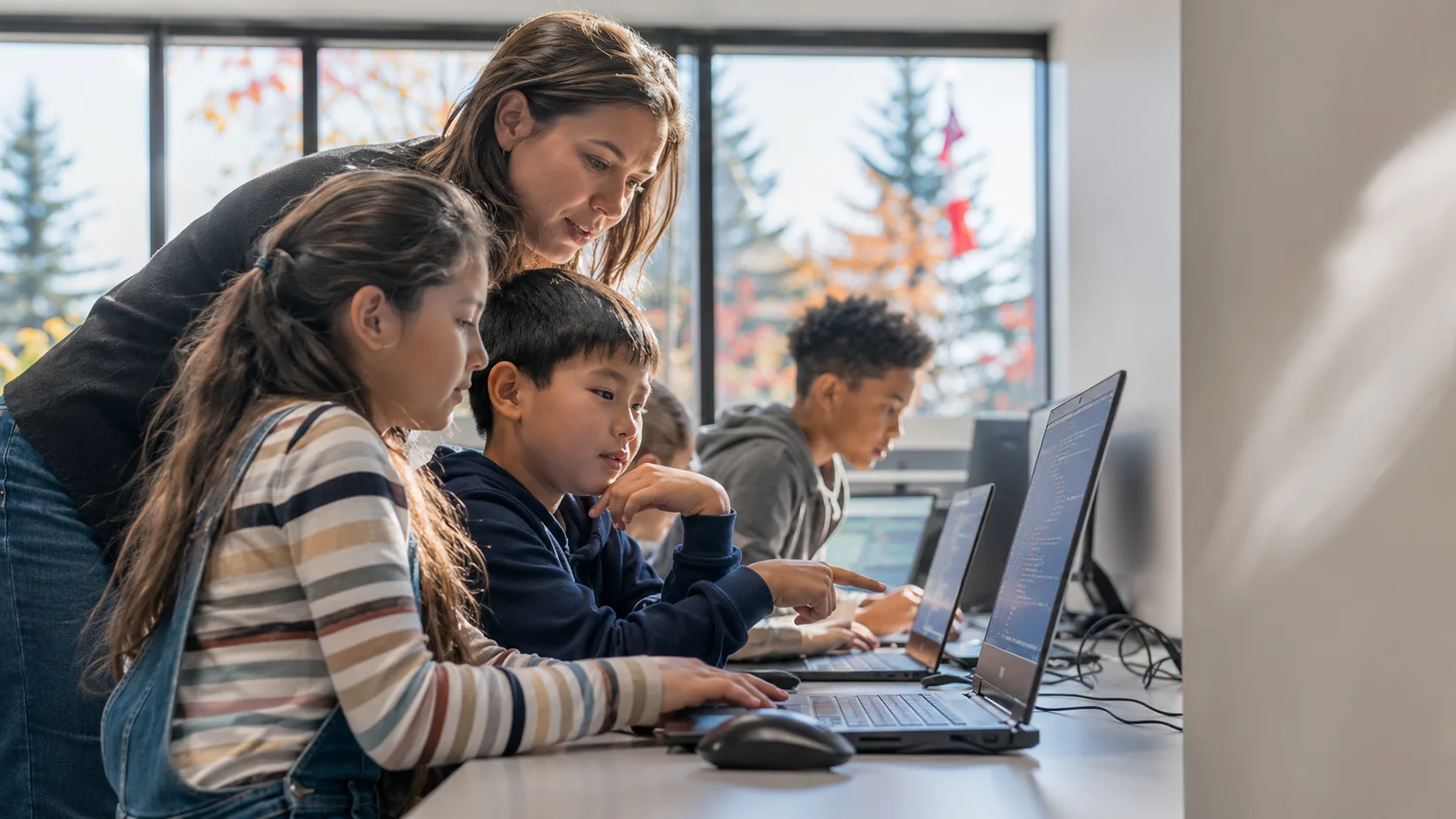 Children coding together with a teacher in a computer classroom in Canada