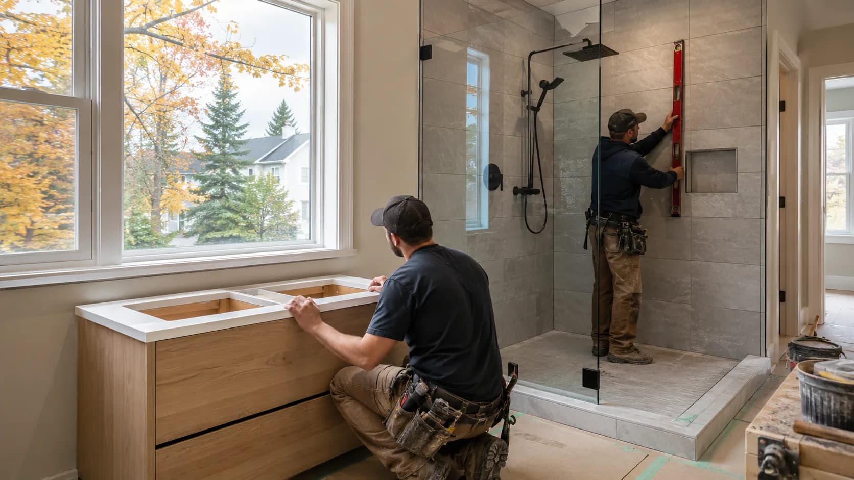 A fitter installing a bathroom in Canada