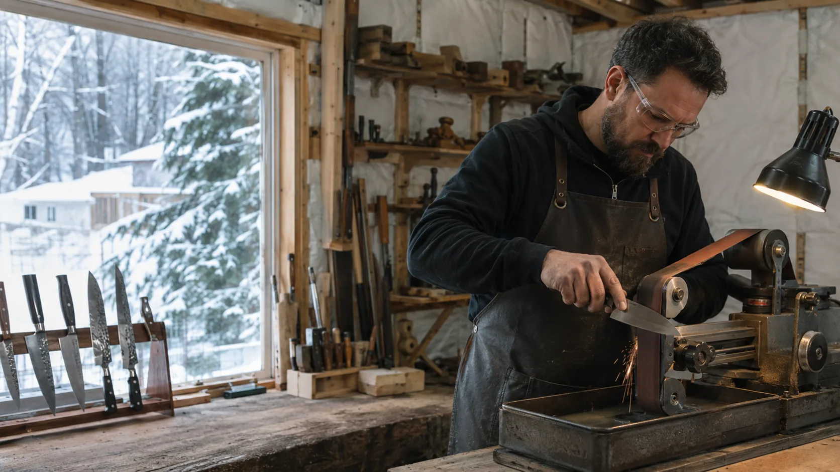 A mobile sharpener working a kitchen's knives on a bench in Canada